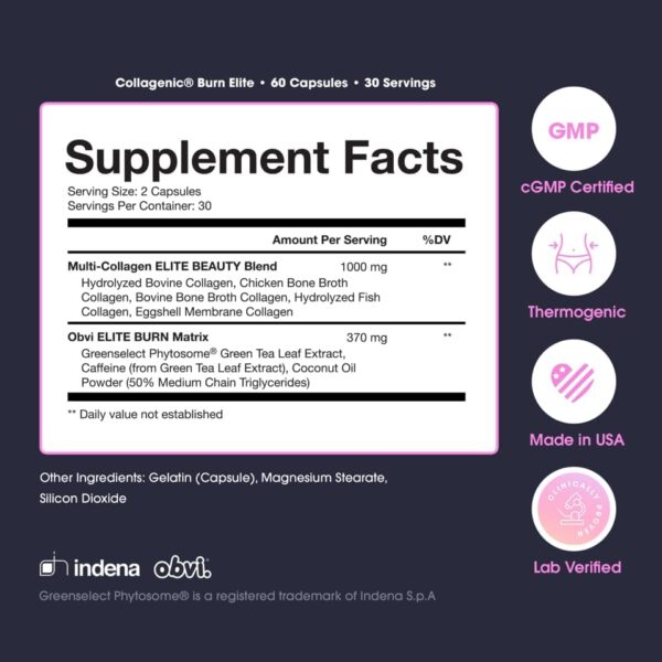 Obvi Burn Elite, Collagenic Fat Burner, Thermogenic Fat Burner for Weight Loss, Weight Management, Boost Energy and Focus, Youthful Skin and Hair, (30 Servings) - Image 2