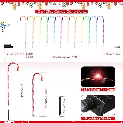24 Pcs 28 Inch Christmas Candy Cane Lights LED Christmas Pathway Marker 8 Lighting Modes Walkway Stakes Lights with 216 Warm Lights for Outdoor Holiday Walkway Patio Garden Yard Lawn Xmas (Multicolor) - Image 2