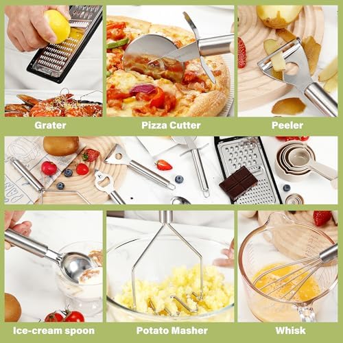 Large Cooking Utensils Set, 35 Pcs Spatula Set with Holder, Silicone Kitchen Utensils Set with Stainless Steel Handle, Cheese Grater, Scissors, Ice Cream Scoop, Pizza Cutter Kitchen Gadgets (Khaki) - Image 5