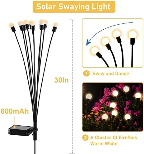 SHUKAN 2 Pack 10LED 𝐒𝐨𝐥𝐚𝐫 𝐅𝐢𝐫𝐞𝐟𝐥𝐲 𝐋𝐢𝐠𝐡𝐭𝐬, Solar Garden Lights Outdoor IP65 Waterproof, Swaying When Wind Blows, Solar Swaying Light for Yard Patio Pathway Decoration (Warm White) - Image 5