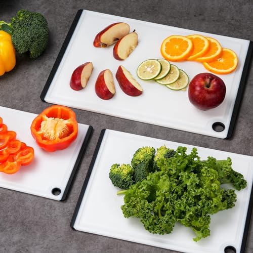 Plastic Cutting Coards for Kitchen, 3-Piece Large Cutting Board Set Dishwasher Safe Chopping Boards with Non-slip Feet and Juice Grooves, White, Kikcoin - Image 4