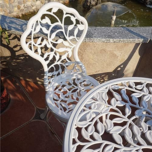 KAI LI Patio Bistro Sets 3 Piece cast Aluminum Patio Furniture Outdoor Garden Metal Rust Proof Tables and Chairs White bisrto Set (Leaf-White) - Image 6