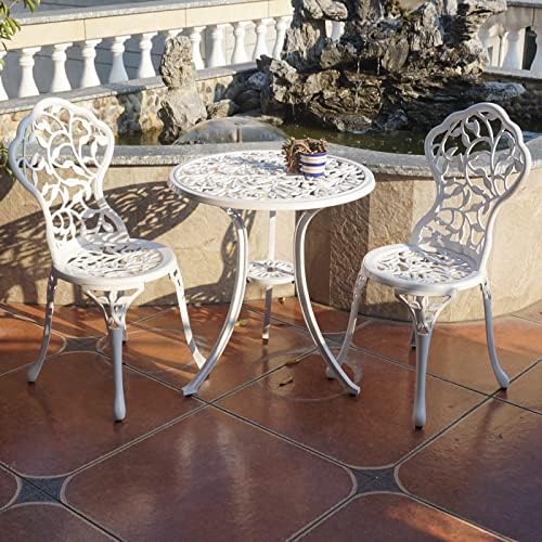 KAI LI Patio Bistro Sets 3 Piece cast Aluminum Patio Furniture Outdoor Garden Metal Rust Proof Tables and Chairs White bisrto Set (Leaf-White) - Image 4