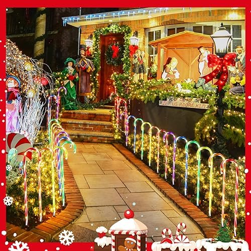 24 Pcs 28 Inch Christmas Candy Cane Lights LED Christmas Pathway Marker 8 Lighting Modes Walkway Stakes Lights with 216 Warm Lights for Outdoor Holiday Walkway Patio Garden Yard Lawn Xmas (Multicolor) - Image 3