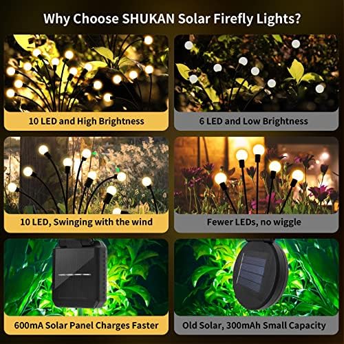 SHUKAN 2 Pack 10LED 𝐒𝐨𝐥𝐚𝐫 𝐅𝐢𝐫𝐞𝐟𝐥𝐲 𝐋𝐢𝐠𝐡𝐭𝐬, Solar Garden Lights Outdoor IP65 Waterproof, Swaying When Wind Blows, Solar Swaying Light for Yard Patio Pathway Decoration (Warm White) - Image 2