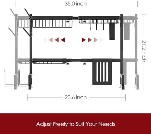 Sakugi Over The Sink Dish Drying Rack - Large Drying Rack w/Adjustable Length 23.6"-35.0", Space-Saving Dish Rack for Kitchen Counter, Multifunctional Stainless Steel 2-Tier Dish Drying Rack, Black - Image 3