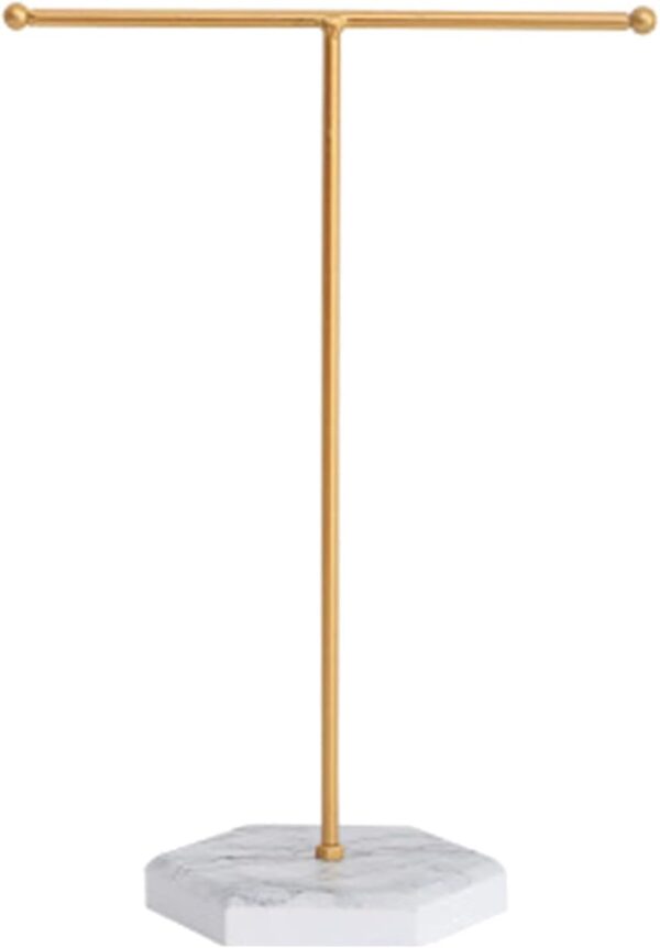 Jewelry Stand Display Necklace Holder T-Bar Plated Metal Tabletop Jewelry Organizer Tower for Show Jewelry Hanging Pendant Earring Bracelet Ring Accessorie with White Marble Plywood Bases.