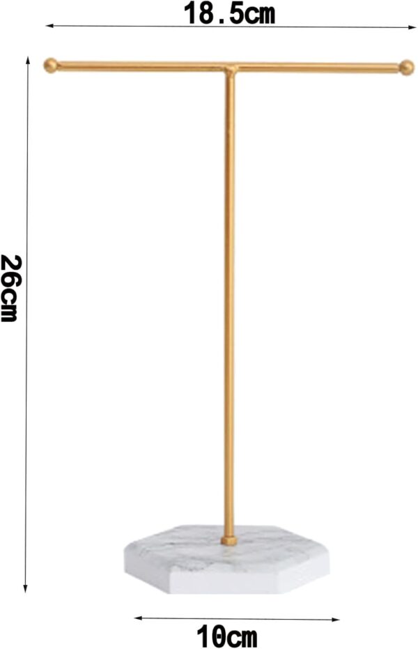 Jewelry Stand Display Necklace Holder T-Bar Plated Metal Tabletop Jewelry Organizer Tower for Show Jewelry Hanging Pendant Earring Bracelet Ring Accessorie with White Marble Plywood Bases. - Image 4