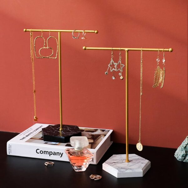 Jewelry Stand Display Necklace Holder T-Bar Plated Metal Tabletop Jewelry Organizer Tower for Show Jewelry Hanging Pendant Earring Bracelet Ring Accessorie with White Marble Plywood Bases. - Image 6