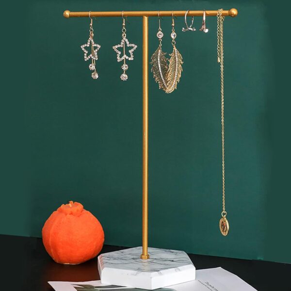 Jewelry Stand Display Necklace Holder T-Bar Plated Metal Tabletop Jewelry Organizer Tower for Show Jewelry Hanging Pendant Earring Bracelet Ring Accessorie with White Marble Plywood Bases. - Image 2