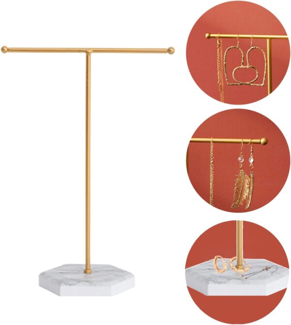 Jewelry Stand Display Necklace Holder T-Bar Plated Metal Tabletop Jewelry Organizer Tower for Show Jewelry Hanging Pendant Earring Bracelet Ring Accessorie with White Marble Plywood Bases. - Image 5