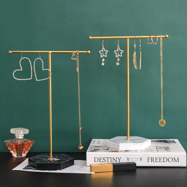 Jewelry Stand Display Necklace Holder T-Bar Plated Metal Tabletop Jewelry Organizer Tower for Show Jewelry Hanging Pendant Earring Bracelet Ring Accessorie with White Marble Plywood Bases. - Image 3