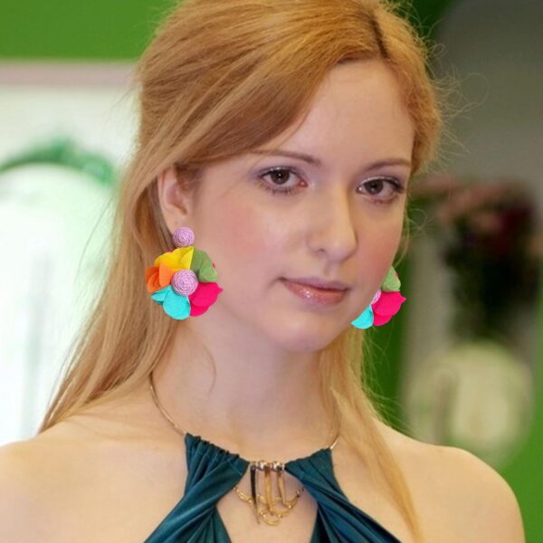 Rattan Flower Drop Earrings Raffia Flower Dangle Boho Flower Statement Earrings for Women - Image 4