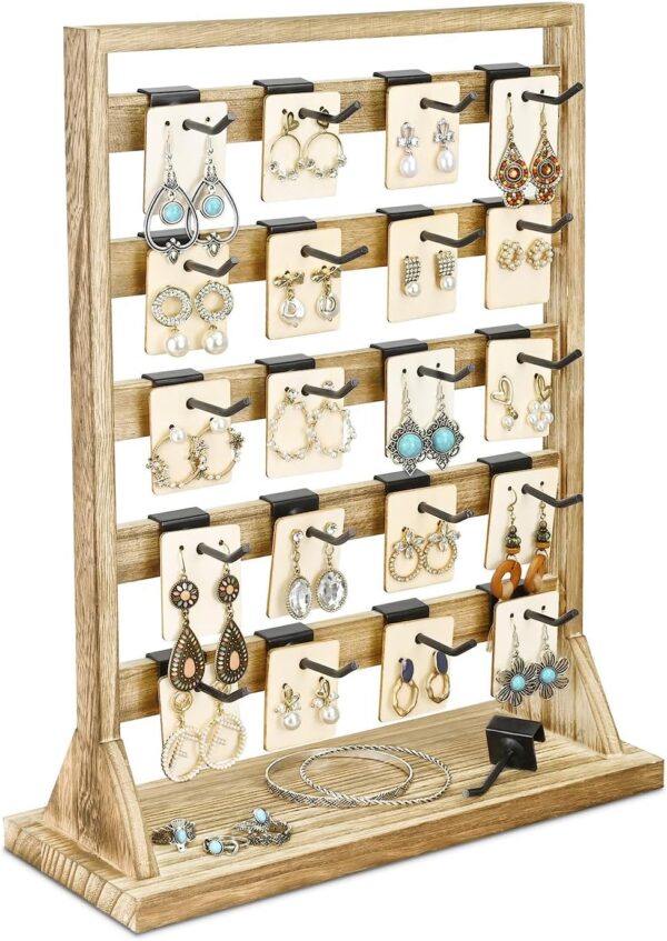 Ikee Design Wooden Jewelry Display Rack with 20 Removable Metal Hooks, Earring Card Display Holder Stand for Earring Cards, Necklaces, Bracelet, Keychain Stand, Oak Color