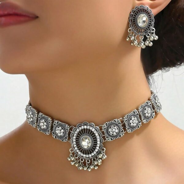 Indian Jewelry Sets for Women - Oxidized Gold/Silver Bollywood Choker Necklace, Jhumkas Earrings, Traditional Vintage Ethnic Accessories Costume - Image 2