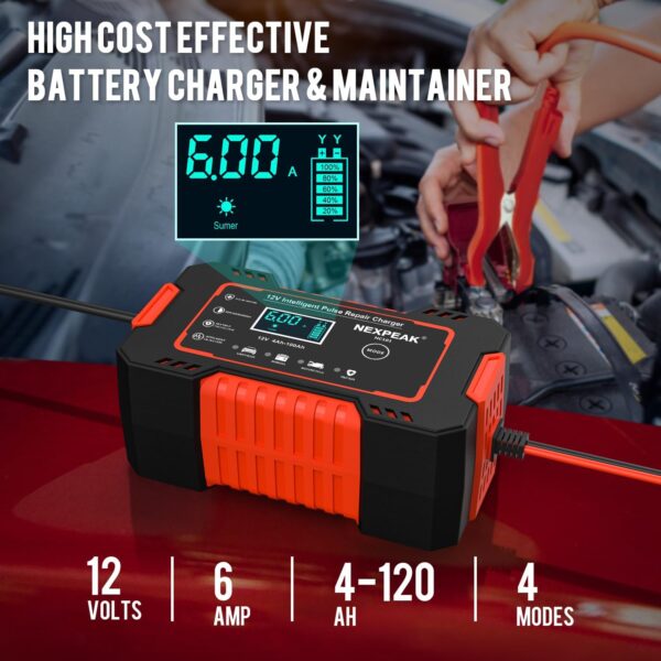 NEXPEAK NC101 Car Battery Charger, Smart Battery Trickle Charger 12V 6A Automotive Battery Maintainer Desulfator with Temp Compensation for Car Truck Motorcycle Lawn Mower Marine Lead Acid Batteries - Image 2