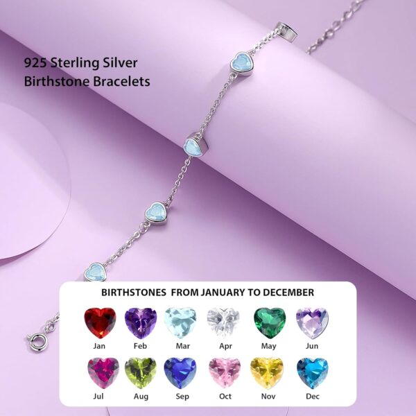 Birthstone Bracelets for women 925 Sterling Silver Diamond Heart Bracelet Link Birthstone Jewelry Gift for Women - Image 3