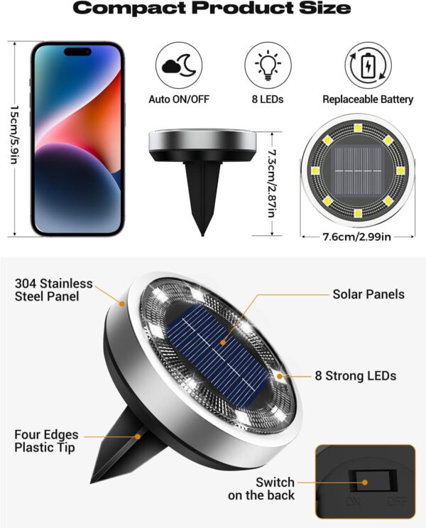 btfarm 16 Pack Solar Ground Lights Outdoor, 8 LED Solar Disc Lights IP65 Waterproof Flat Solar Light, Pathway Lights Solar Powered for Garden Lawn Patio Yard Path Landscape, Cool White - Image 6