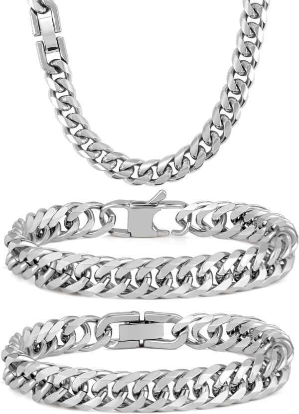 3PCS Cuban Link Bracelet Necklace, Sturdy 316L Stainless Steel Cuban Link Chain for Men Jewelry Set 8mm, 7/8/9 Inches