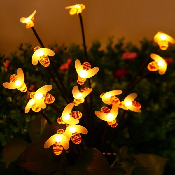 Solar Garden Lights Outdoor Waterproof - Solar Bee Lights Total 16 LED 2 Packs Decoration Light Outside Honeybee Fairy Light 8 Modes for Patio Yard Garden Grass Party Decor (Swaying Bee-Warm)