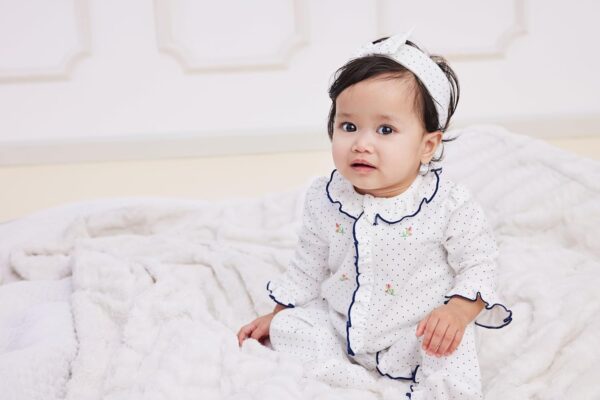 Little Me Baby Girls 100% Cotton 2-piece Zipper Closure Footie and Headband Set - Image 3