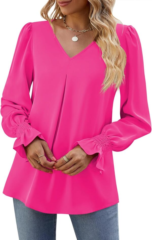 Funlingo Women's 2024 Long Sleeve Tops Dressy Casual V Neck Tunic Shirts Loose Chiffon Work Blouse - Image 4