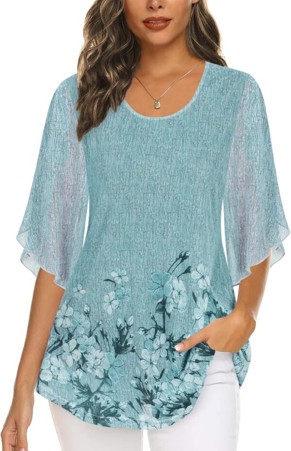 Ninedaily Women's Tops 3/4 Sleeve Blouses Dressy Casual Double Layers Mesh Tunic Shirts - Image 2