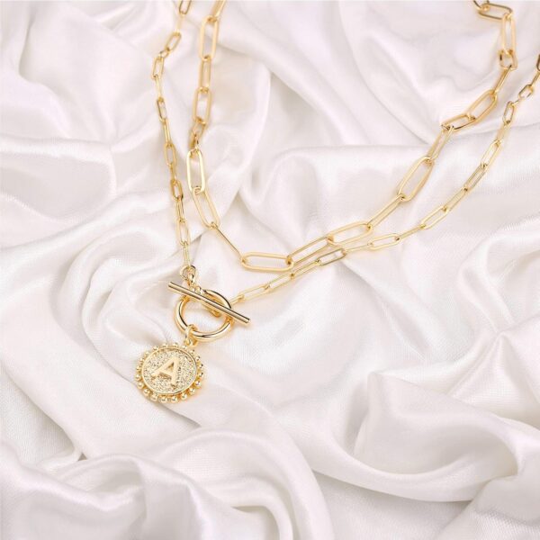 Gold Layered Initial Necklaces for Women, 14K Gold Plated Dainty Layering Paperclip Link Chain Necklace Personalized Toggle Clasp Coin Initial Pendant Layered Necklaces for Women Gold Jewelry - Image 7