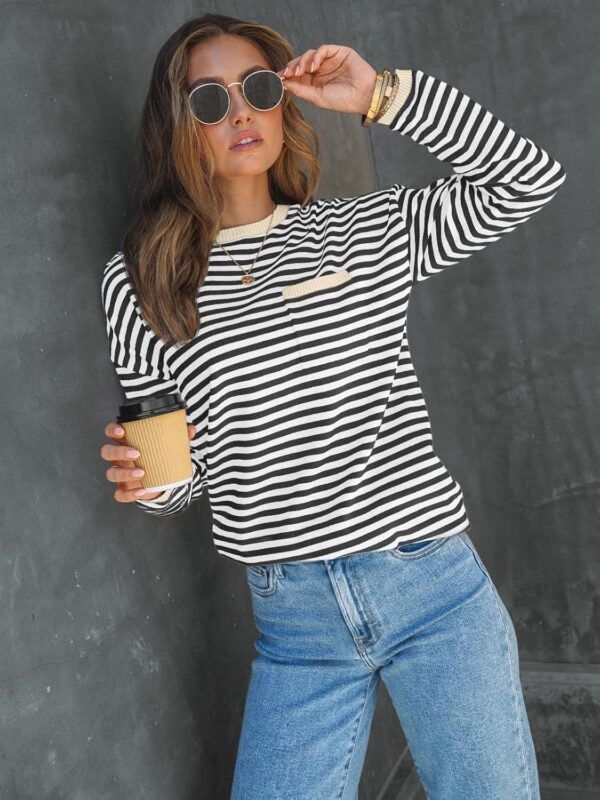 LILLUSORY Womens Striped Soft Knit Pullover Sweater Loose Fit Shirts with Chest Pocket - Image 2