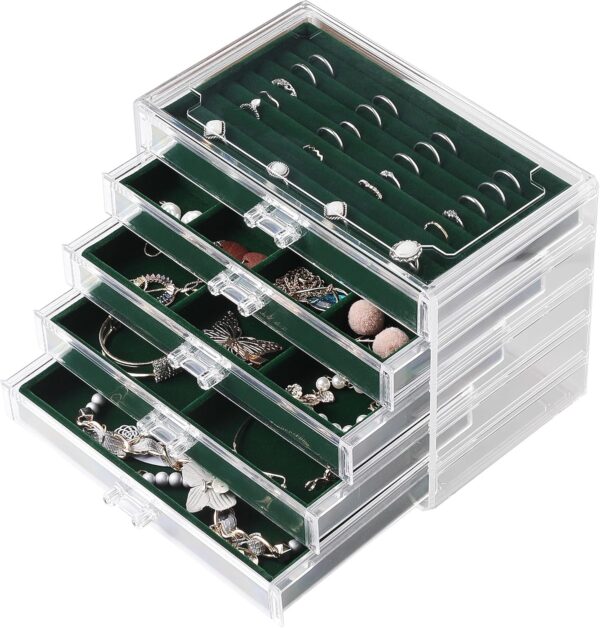 Frebeauty Extra Large Acrylic Jewelry Box for Women 5 Layers Clear Jewelry Organizer Velvet Earring Box with 5 Drawers Rings Display Case Necklaces Holder Tray for Women Girls(Blackish Green)