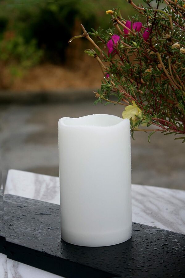Outdoor Waterproof Flameless Candle with Timer - Flickering White Plastic Battery Operated LED Lantern Light Bright Resin Electric Pillar for Outside Patio Garden Party Wedding Deco 3”(D)x5”(H) - Image 3