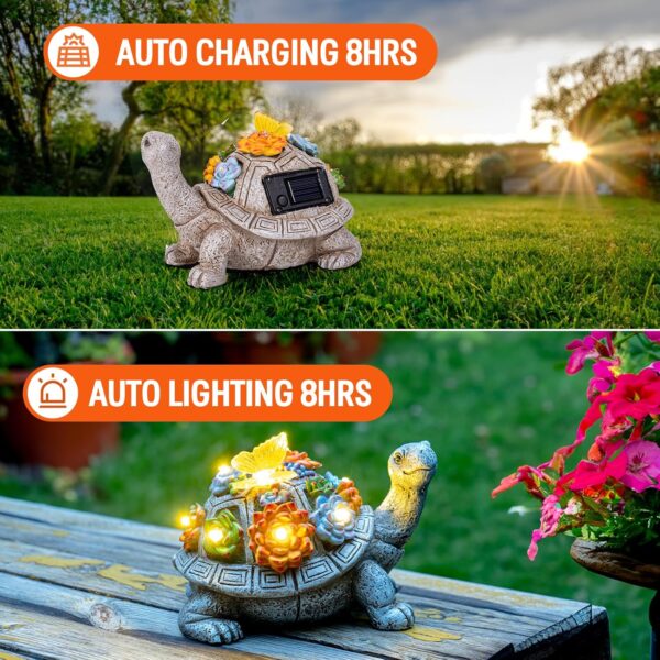 Solar Garden Outdoor Statues with Succulent and 7 LED Lights - Lawn Decor Tortoise Statue for Patio, Balcony, Yard Ornament - Unique Housewarming Gifts (Grey Turtle) - Image 2