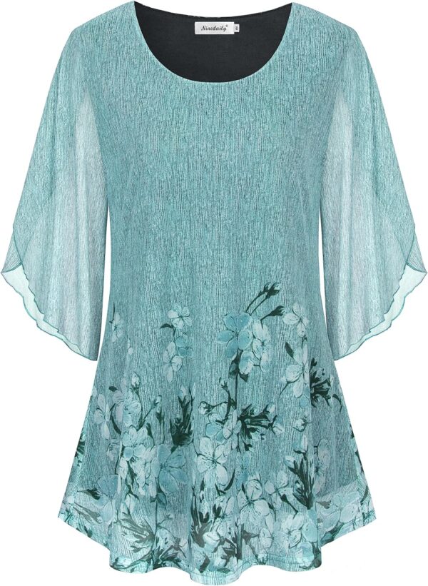Ninedaily Women's Tops 3/4 Sleeve Blouses Dressy Casual Double Layers Mesh Tunic Shirts - Image 3