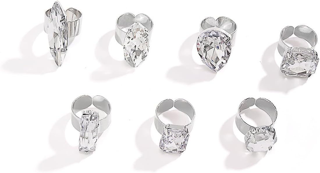 Chunky 7Pcs Silver Crystal Knuckle Rings Set Geometric Rhinestone Waterdrop Open Rings Stackable CZ Circle Square Finger Rings Jewelry Set for Women - Image 7