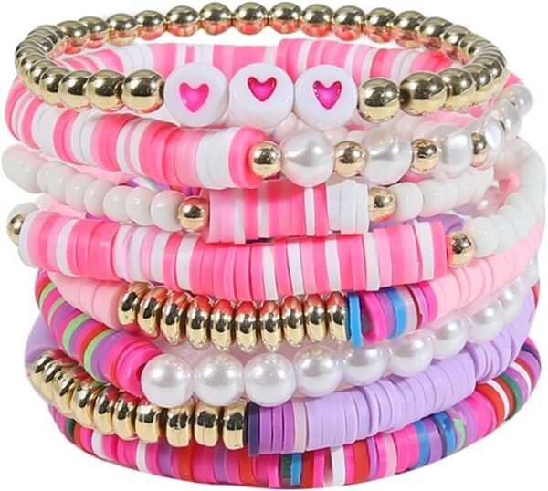 COLORFUL BLING 5-12Pcs Bohemian Love Heart Bead Bracelets for Women Vinyl Disc Heishi Surfer Stackable Stretch Bracelet Summer Beach Boho Jewelry