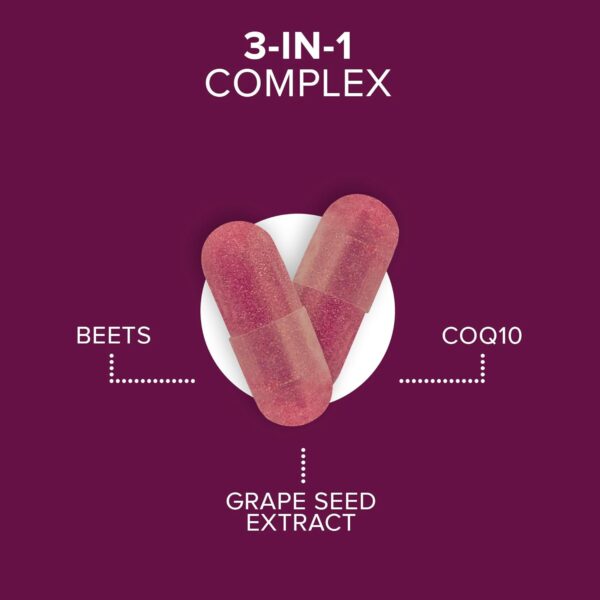 Qunol Blood Pressure Support, 3 in 1 Beets + CoQ10 + Grape Seed Extract, Beet Root Capsules That Supports Healthy Blood Circulation & Heart Healthy Energy, 60 Count (Pack of 2) - Image 2