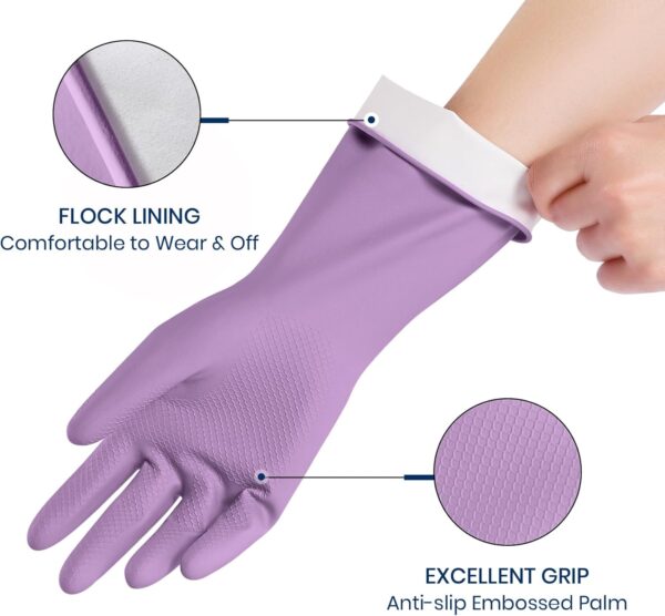 Rubber Cleaning Gloves for Dishwashing, 4 Pairs Reusable Kitchen Gloves for Washing Dishes and Household Cleaning, Colorful Dish Gloves with Flocked Lining and Non-Slip Grip, Pefect for Woman Men - M - Image 2