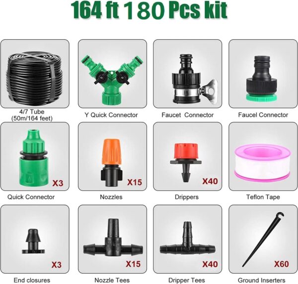 Drip Irrigation System, 180 Pcs 164FT Garden Irrigation System 1/4, Blank Distribution Tubing Watering Drip Kit Automatic Irrigation Equipment for Garden Greenhouse, Flower Bed,Patio,Lawn - Image 2