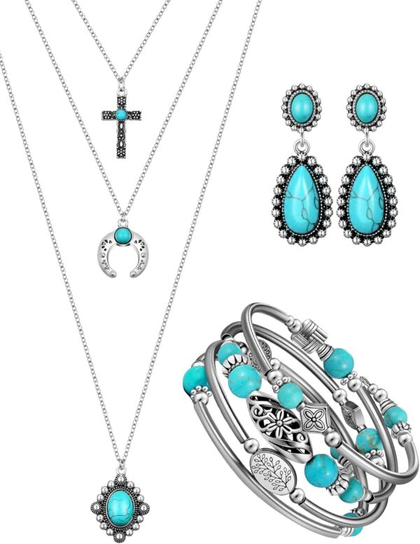 Inbagi 3 Pcs Western Jewelry for Women Bohemian Set, Boho Pendant Long Choker, Faux Leather Layered Bracelet, Dangle Earrings