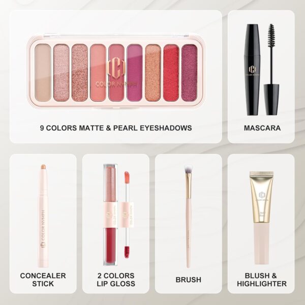 Color Nymph All In One Makeup Kit For Teens And Girls With Waterproof Handbag Makeup Kit Included 9 Colors Matte And Pearl Eyeshadow Palette Liquid Blush, Double Ended Lipgloss Concealer Brush Mascara - Image 2