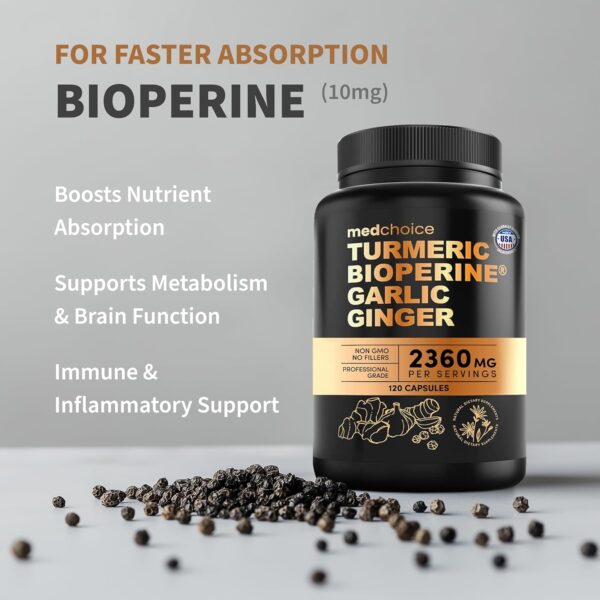 4-in-1 Turmeric and Garlic Supplements with Bioperine 2360 mg Turmeric Ginger Root Capsules with Garlic for Joint, Digestion & Immune Support (120 ct) - Image 6