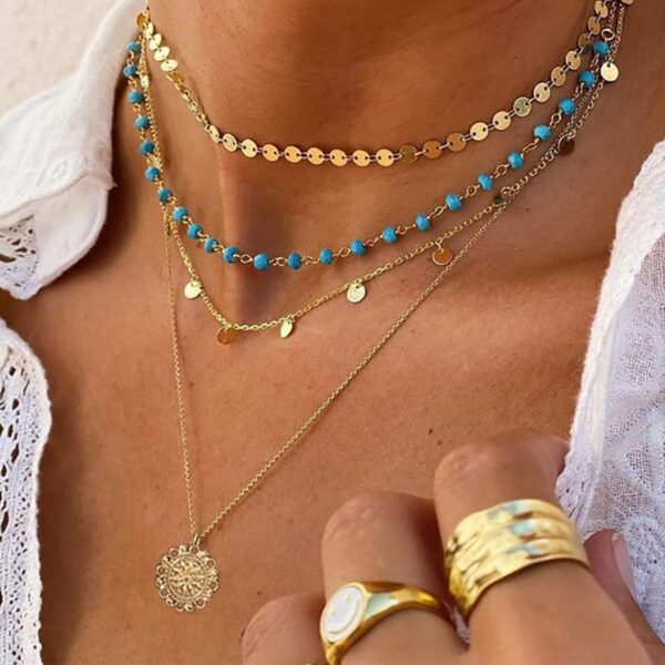 Gold Layered Turquoise Necklace for Women Multi Boho Long Necklace Bohemian Coin Pendant Necklaces Jewelry - Image 2