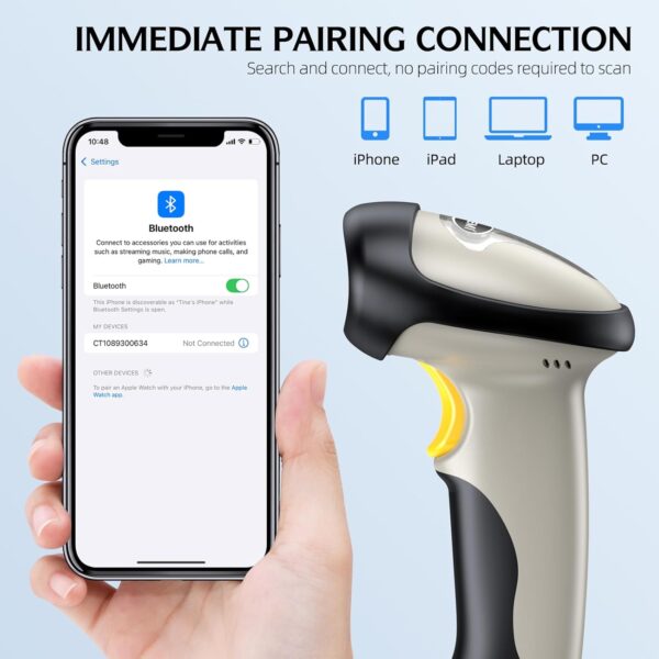 TEEMI Bluetooth Barcode Scanner 1D Handheld Automatic Laser Fast Accurate Bar Code Reader Auto Sensing Scanning, Easy Connect iPad iPad Android Smart Phone Tablet PC, No Stand - Image 2