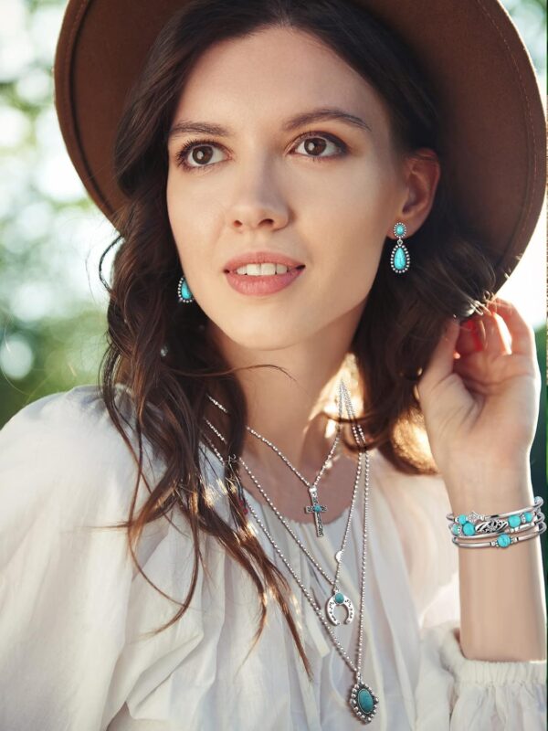 Inbagi 3 Pcs Western Jewelry for Women Bohemian Set, Boho Pendant Long Choker, Faux Leather Layered Bracelet, Dangle Earrings - Image 2