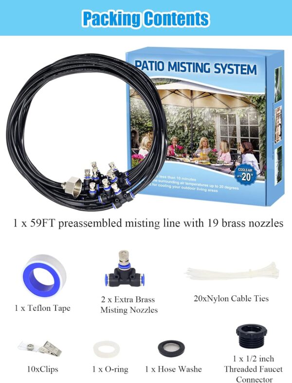 Tesmotor Misting System for Outside Patio, 59FT Misting Line + 21 Brass Nozzle Outdoor Misters for Cooling, Misting System for Patio Garden Lawn Pool Umbrella Trampoline - Image 2
