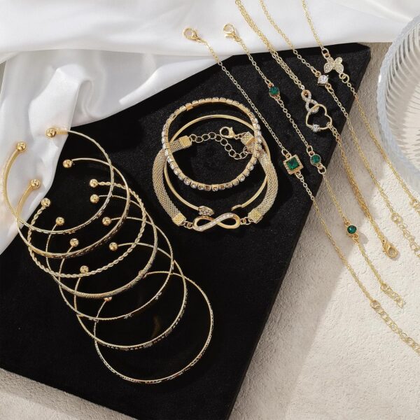 IFKM 36 PC Gold Plated Jewelry Set with 4 Necklace, 11 Bracelet, 7 Ear Cuffs Earring, 14 Knuckle Rings for Women Girls Valentine Anniversary Birthday Friendship Gift - Image 7