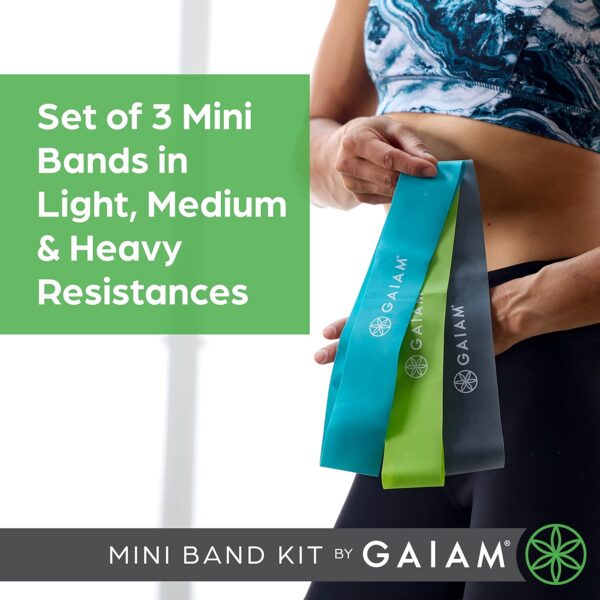 Gaiam Restore Mini Band Kit, Set of 3, Light, Medium, Heavy Lower Body Loop Resistance Bands for Legs and Booty Exercises & Workouts, 12" x 2" Bands - Image 2
