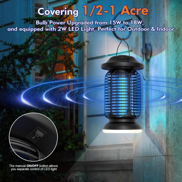 Bug Zapper Outdoor Indoor, Electric Fly Zapper with 2W LED Light, 18W Power & 4000V High-Voltage, Coverage Area of ​​1/2-1 Acre, Waterproof Mosquito Trap Control for Patio Backyard Garden - Image 2