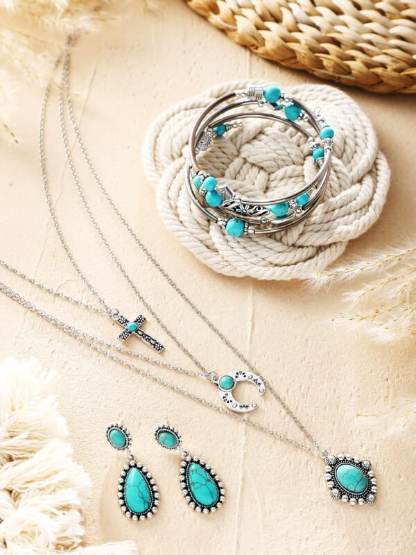 Inbagi 3 Pcs Western Jewelry for Women Bohemian Set, Boho Pendant Long Choker, Faux Leather Layered Bracelet, Dangle Earrings - Image 6