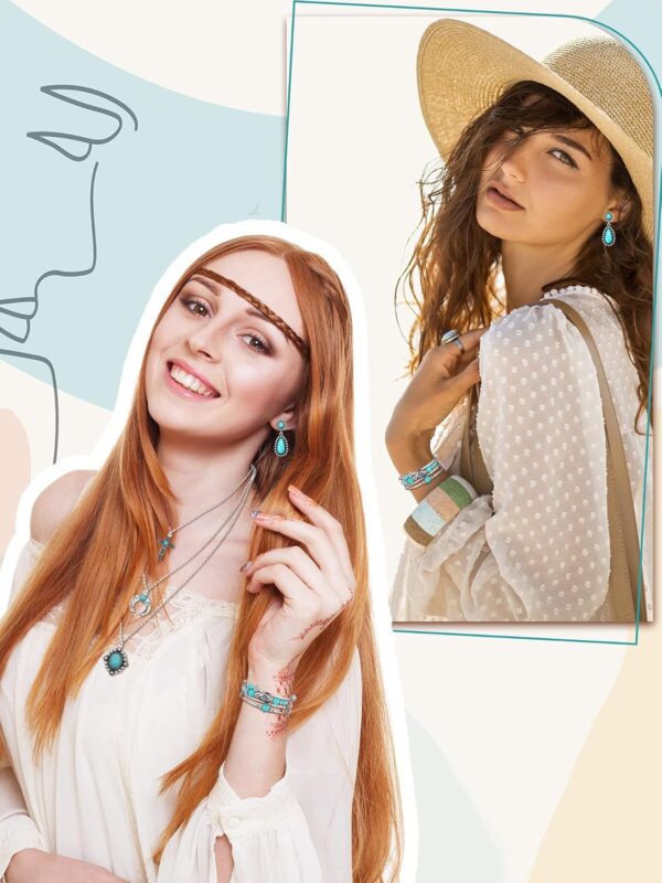 Inbagi 3 Pcs Western Jewelry for Women Bohemian Set, Boho Pendant Long Choker, Faux Leather Layered Bracelet, Dangle Earrings - Image 5